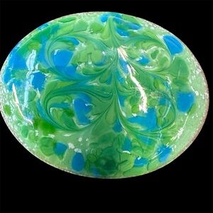 Inga Carlson Green and Blue Swirl Brooch 2x1.5 inch MCM Modernist Vntage Copper